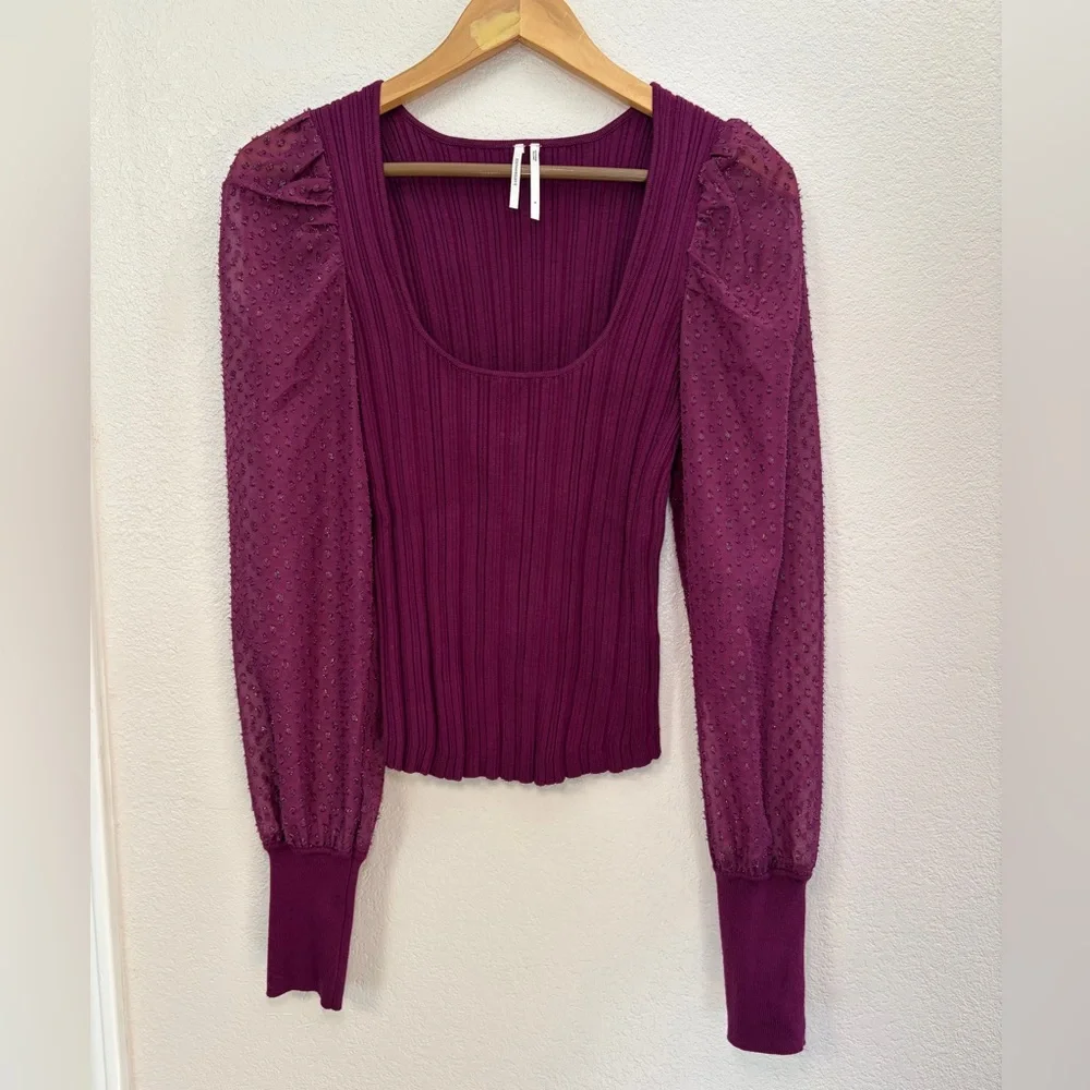 Anthropologie Puff-Sleeve Shimmer Plum Ribbed Knit Top Sheer Puff Sleeves Boho S